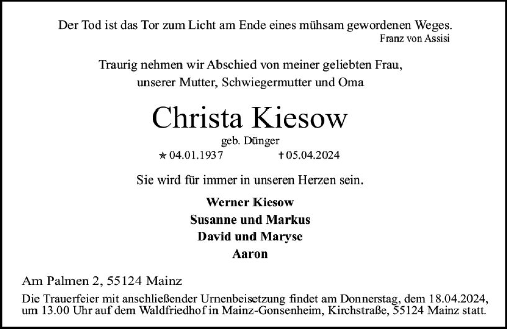  Traueranzeige für Christa Kiesow vom 13.04.2024 aus Allgemeine Zeitung Mainz