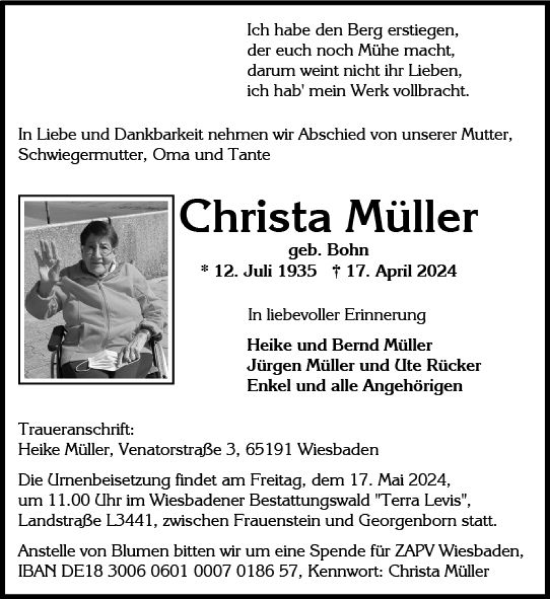 Traueranzeige von Christa Müller von Wiesbadener Kurier