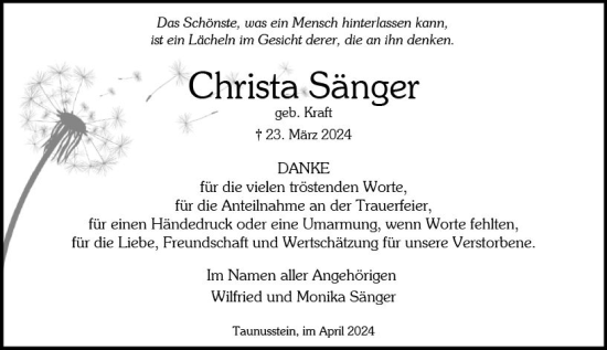 Traueranzeige von Christa Sänger von Wiesbadener Kurier