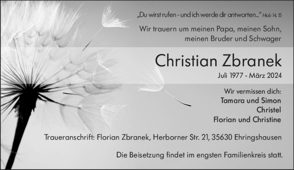  Traueranzeige für Christian Zbranek vom 06.04.2024 aus Wetzlarer Neue Zeitung