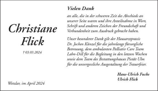 Traueranzeige von Christiane Flick von Dill Block