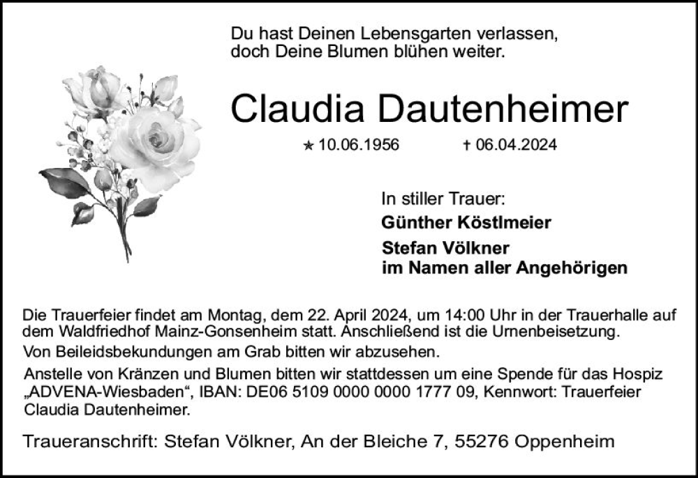  Traueranzeige für Claudia Dautenheimer vom 13.04.2024 aus Allgemeine Zeitung Mainz