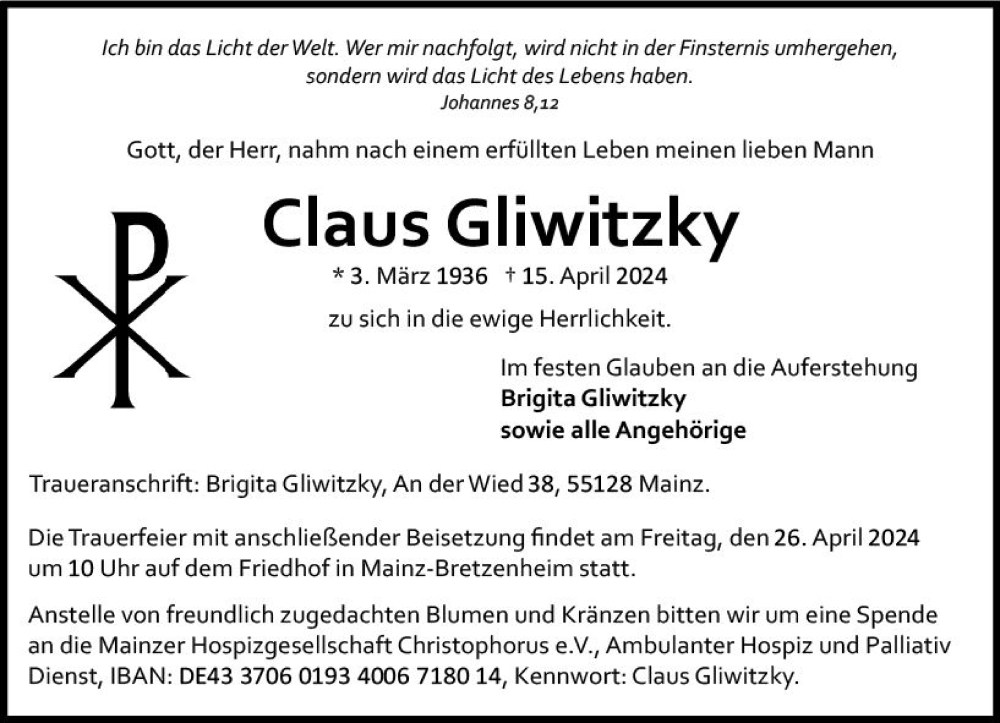  Traueranzeige für Claus Gliwitzky vom 20.04.2024 aus Allgemeine Zeitung Mainz
