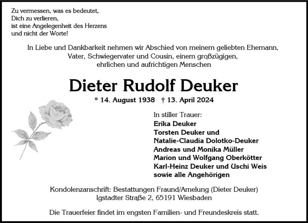  Traueranzeige für Dieter Rudolf Deuker vom 20.04.2024 aus Wiesbadener Kurier