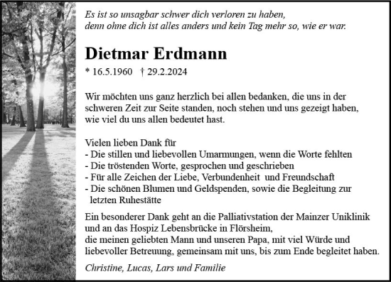 Traueranzeige von Dietmar Erdmann von Rüsselsheimer Echo