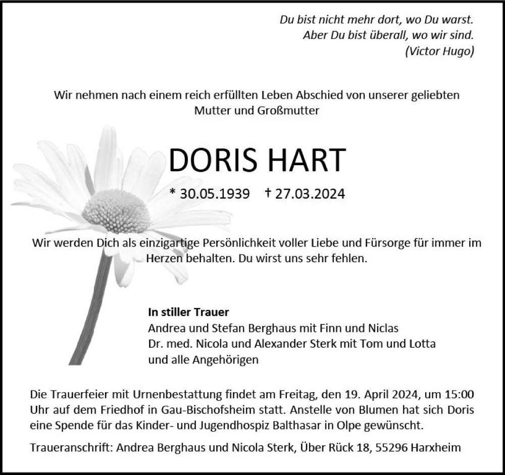  Traueranzeige für Doris Hart vom 13.04.2024 aus Allgemeine Zeitung Mainz