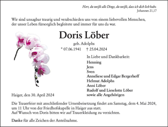 Traueranzeige von Doris Löber von Dill Block