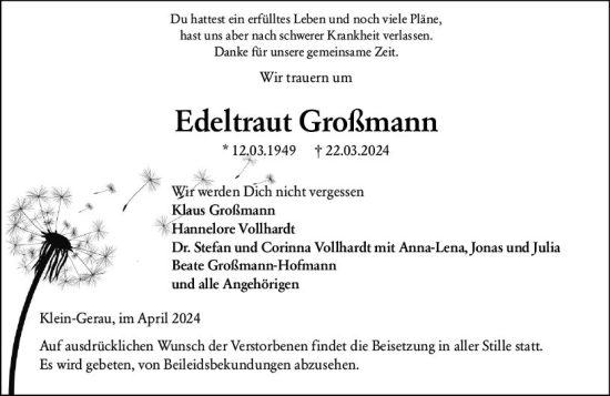 Traueranzeige von Edeltraut Großmann von Groß-Gerauer Echo