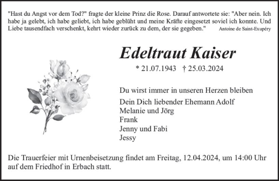 Traueranzeige von Edeltraut Kaiser von Odenwälder Echo