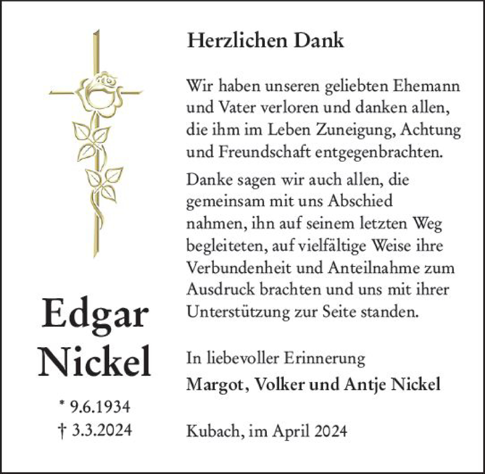  Traueranzeige für Edgar Nickel vom 06.04.2024 aus Weilburger Tageblatt