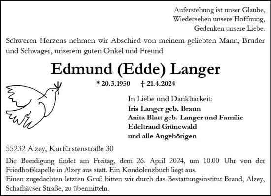 Traueranzeige von Edmund Langer von Allgemeine Zeitung Alzey