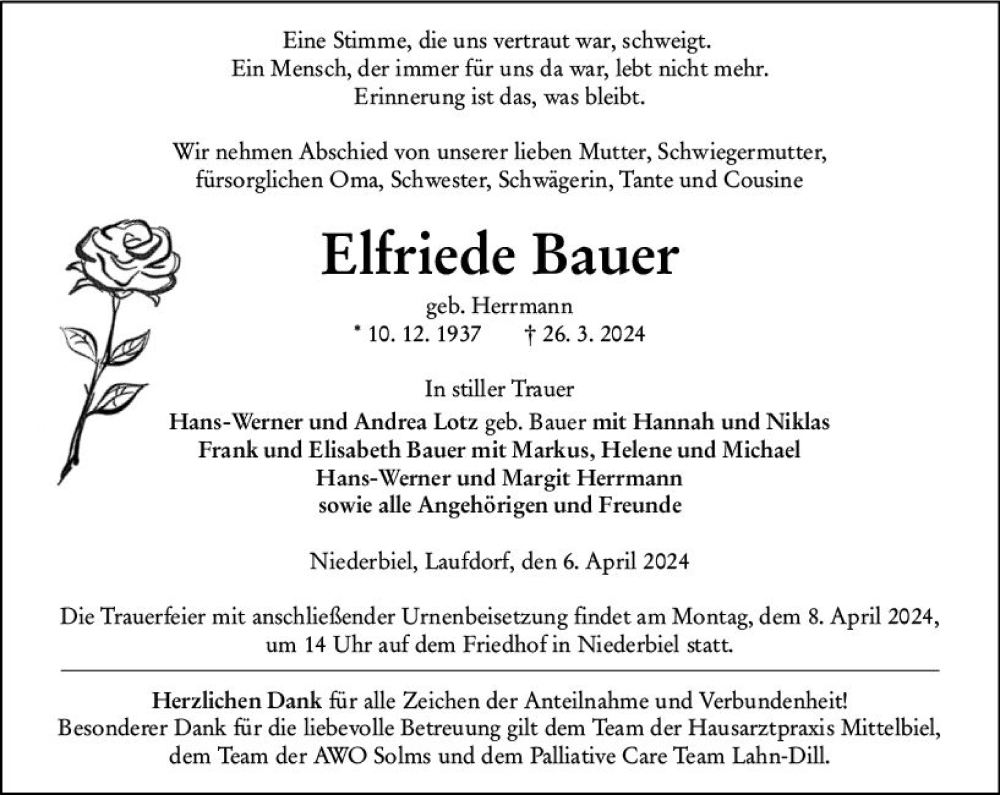  Traueranzeige für Elfriede Bauer vom 06.04.2024 aus Wetzlarer Neue Zeitung