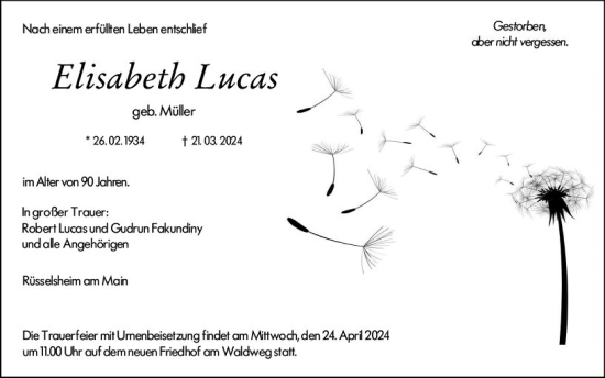 Traueranzeige von Elisabeth Lucas von Rüsselsheimer Echo