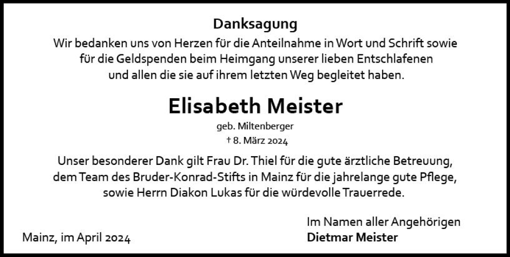  Traueranzeige für Elisabeth Meister vom 13.04.2024 aus Allgemeine Zeitung Mainz