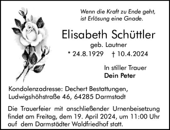 Traueranzeige von Elisabeth Schüttler von Darmstädter Echo