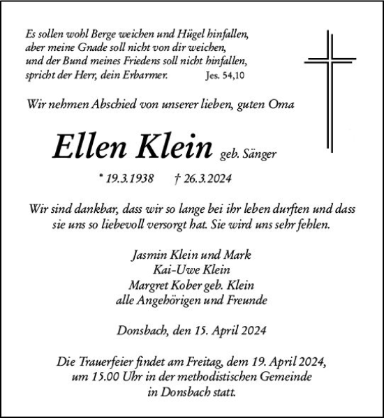 Traueranzeige von Ellen Klein von Dill Block