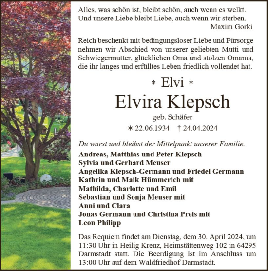 Traueranzeige von Elvira Klepsch von Darmstädter Echo