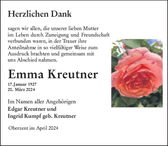Traueranzeige von Emma Kreutner von Odenwälder Echo