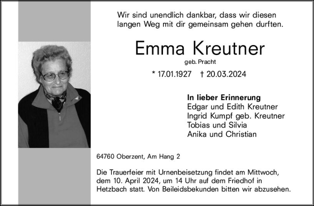  Traueranzeige für Emma Kreutner vom 03.04.2024 aus Odenwälder Echo