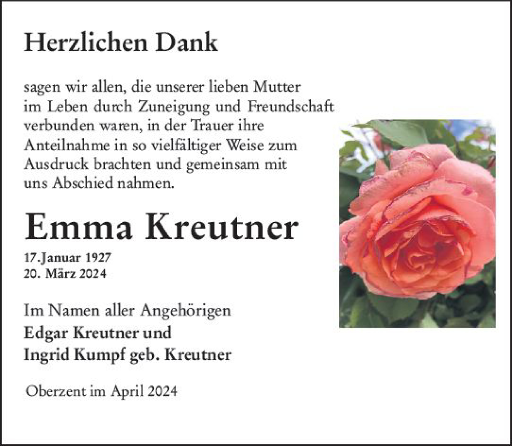  Traueranzeige für Emma Kreutner vom 27.04.2024 aus Odenwälder Echo