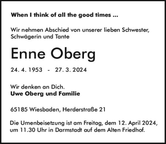 Traueranzeige von Enne Oberg von Darmstädter Echo