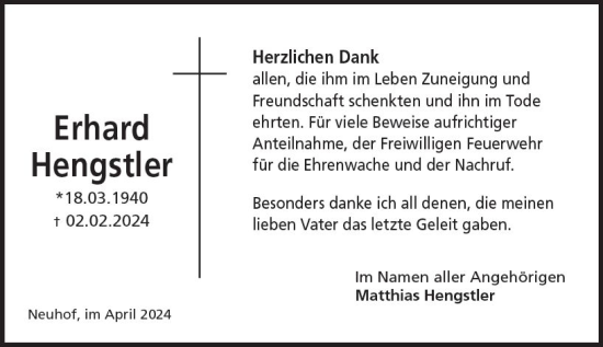 Traueranzeige von Erhard Hengstler von Wiesbadener Kurier