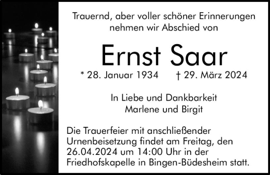 Traueranzeige von Ernst Saar von Allgemeine Zeitung Bingen/Ingelheim