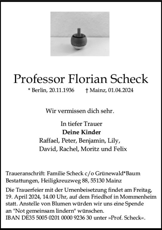 Traueranzeige von Florian Scheck von Allgemeine Zeitung Mainz