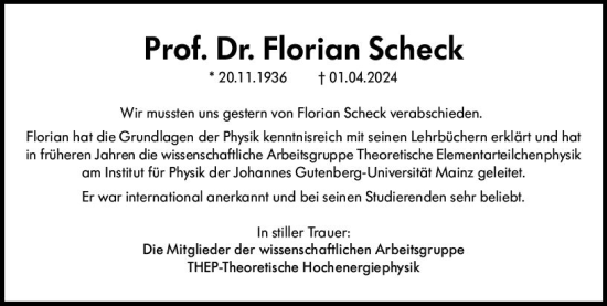 Traueranzeige von Florian Scheck von Allgemeine Zeitung Mainz