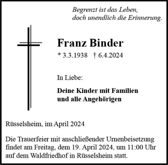 Traueranzeige von Franz Binder von Rüsselsheimer Echo