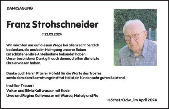 Traueranzeige von Franz Strohschneider von Odenwälder Echo