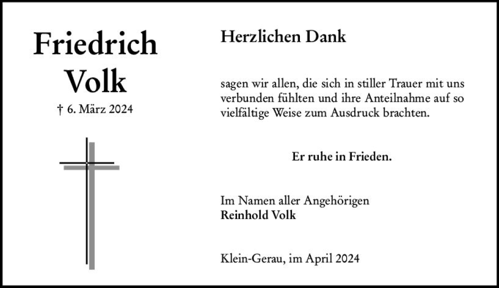  Traueranzeige für Friedrich Volk vom 06.04.2024 aus Groß-Gerauer Echo