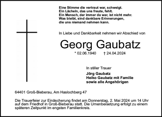 Traueranzeige von Georg Gaubatz von Darmstädter Echo