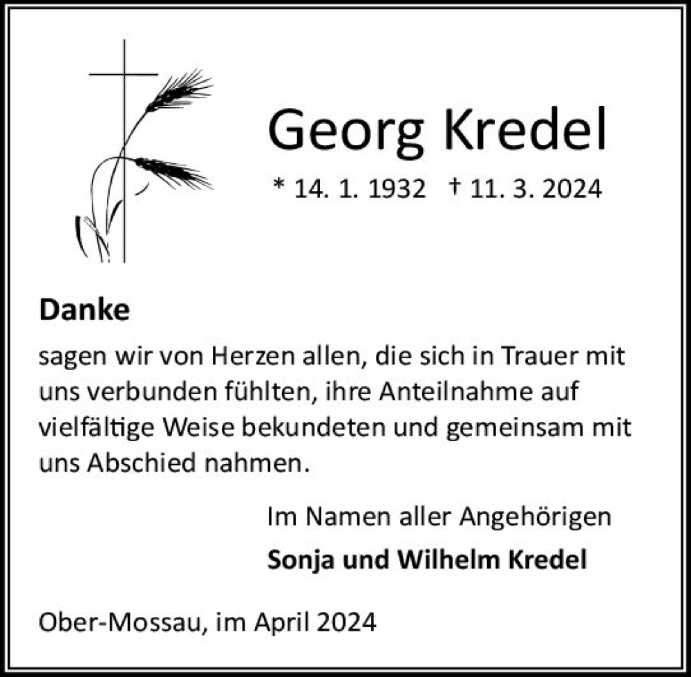  Traueranzeige für Georg Kredel vom 13.04.2024 aus Odenwälder Echo