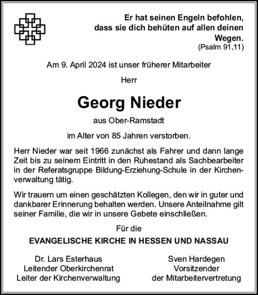  Traueranzeige für Georg Nieder vom 20.04.2024 aus Darmstädter Echo