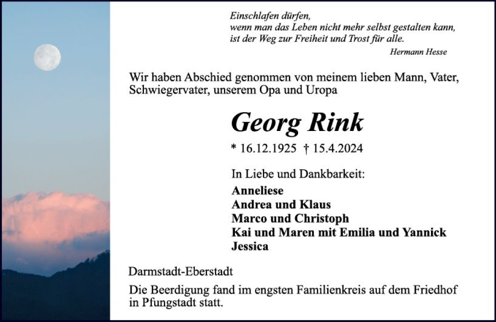  Traueranzeige für Georg Rink vom 20.04.2024 aus Darmstädter Echo