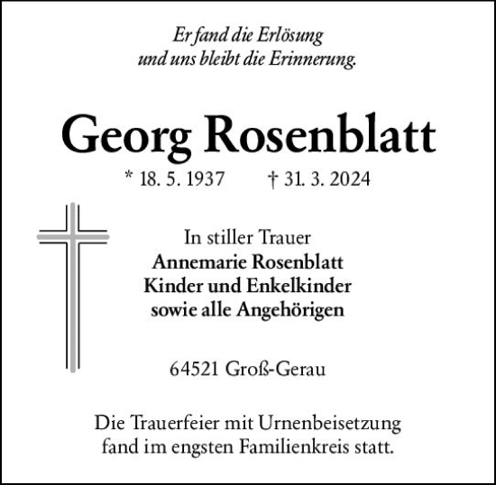 Traueranzeige von Georg Rosenblatt von Groß-Gerauer Echo