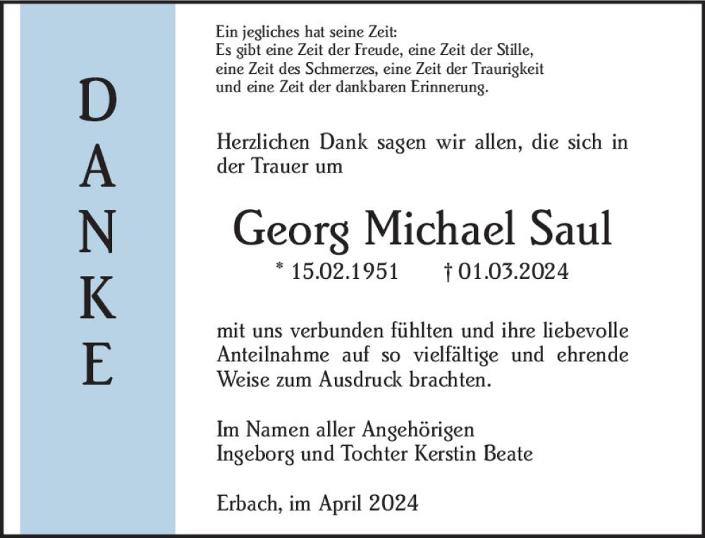 Traueranzeige für Georg Michael Saul vom 27.04.2024 aus Odenwälder Echo
