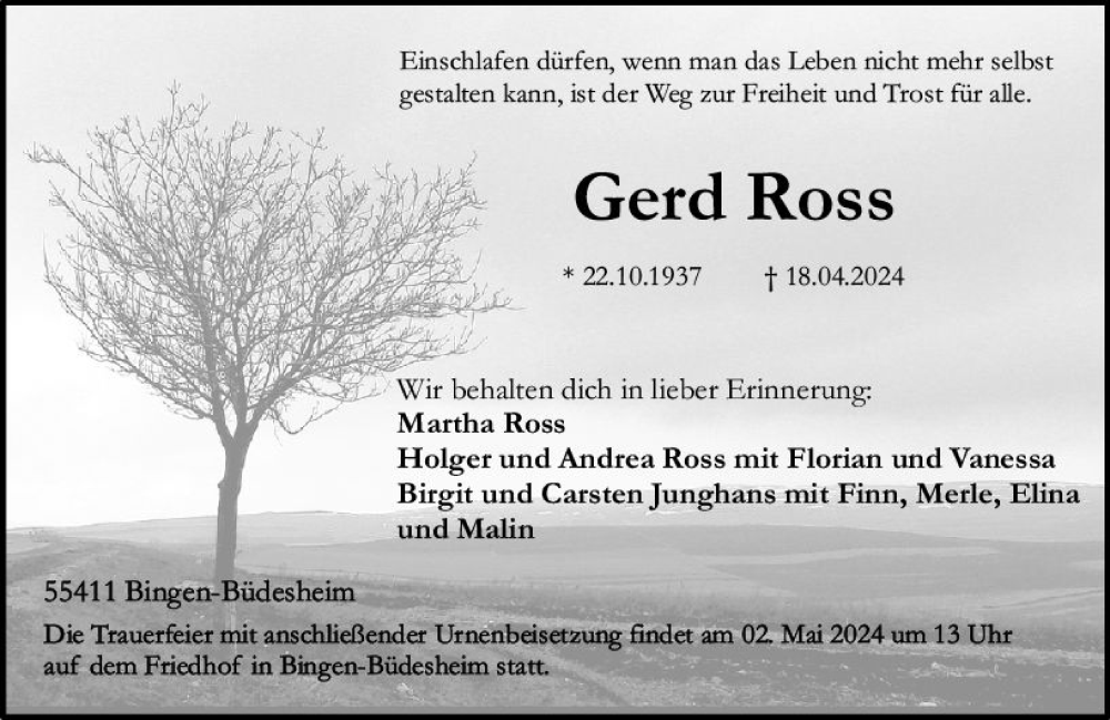  Traueranzeige für Gerd Ross vom 27.04.2024 aus Allgemeine Zeitung Bingen/Ingelheim