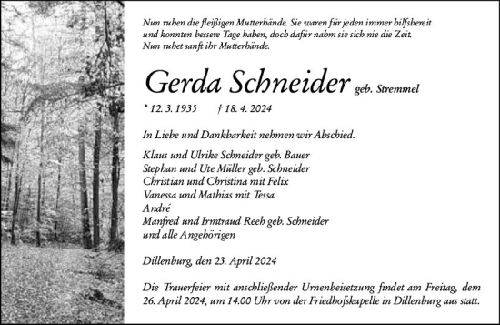 Traueranzeige von Gerda Schneider von Dill Block