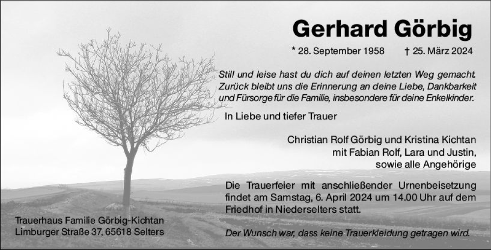  Traueranzeige für Gerhard Görbig vom 04.04.2024 aus Camberger Anzeiger