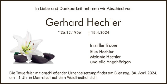 Traueranzeige von Gerhard Hechler von Darmstädter Echo