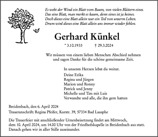 Traueranzeige von Gerhard Künkel von Hinterländer Anzeiger