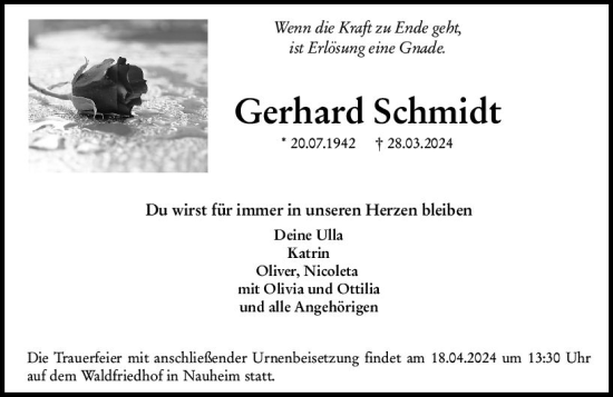Traueranzeige von Gerhard Schmidt von Rüsselsheimer Echo