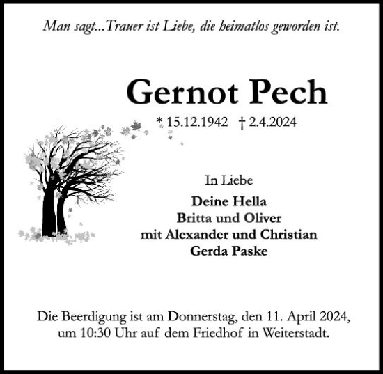 Traueranzeige von Gernot Pech von Darmstädter Echo