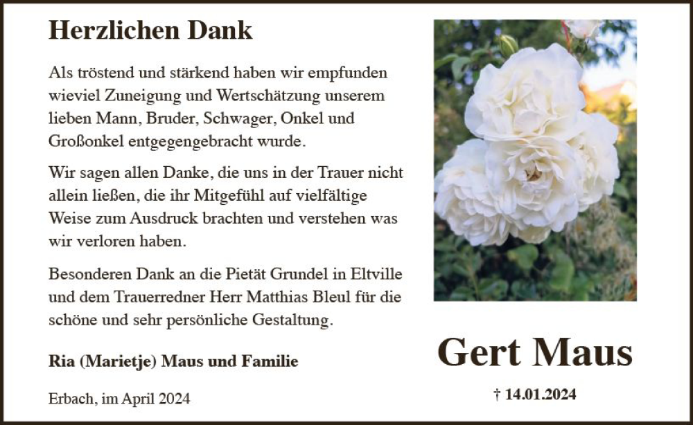  Traueranzeige für Gert Maus vom 06.04.2024 aus Wiesbadener Kurier