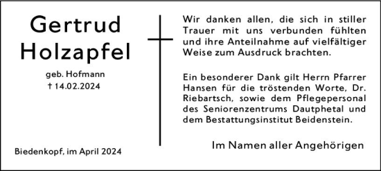 Traueranzeige von Gertrud Holzapfel von Hinterländer Anzeiger