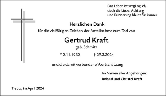 Traueranzeige von Gertrud Kraft von Groß-Gerauer Echo