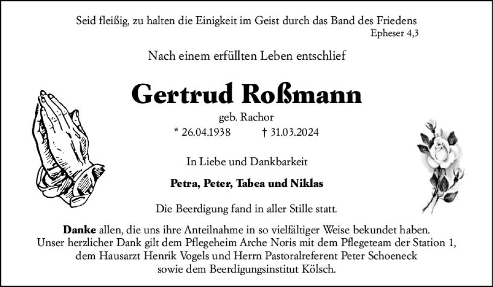  Traueranzeige für Gertrud Roßmann vom 20.04.2024 aus Darmstädter Echo