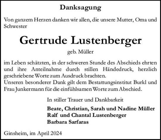 Traueranzeige von Gertrude Lustenberger von Allgemeine Zeitung Mainz